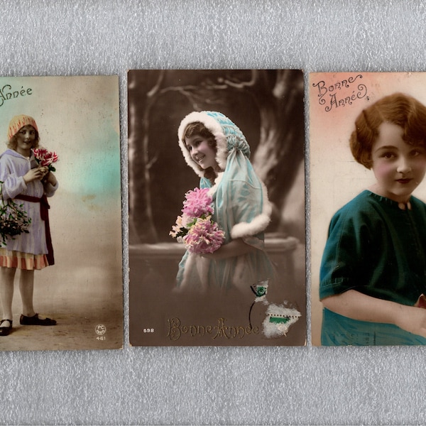 3 Antique French Happy New Year Postcards, Hand Tinted Girls Holding Flowers, Used - 18037a