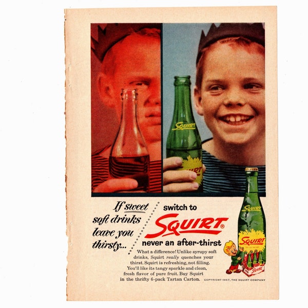 Vintage 1957 Squirt Soda Magazine Ad, Boy with Green Bottle of Soft Drink, 6 Pack Tartan Carton - 17452c