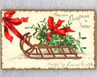 Artist Signed Ellen H. Clapsaddle Christmas Postcard, Mistletoe on a Wooden Sled, International Art, IAPC- 15653Ph