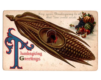 Antique Thanksgiving Postcard, Gold Corn on the Cob with a Turkey, Pumpkin Fruits and Vegetables - 19282c