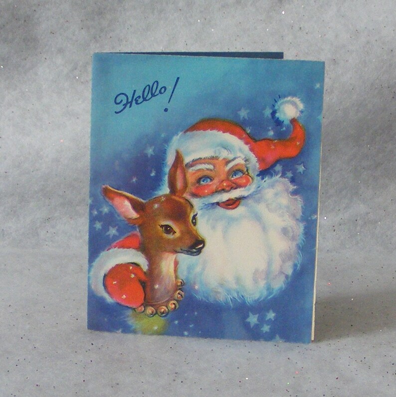 Blue Stars Illustrated Inside Vintage Christmas Card with Santa Claus and Reindeer Unused 10666g