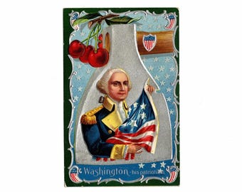 Antique President George Washington Patriotic Postcard, Silver Hatchet, Cherries Flag - 20137