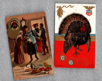 2 Antique Thanksgiving Postcards, Family Arriving for Dinner, Big Tom Turkey, Used - 20504