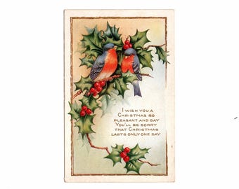 Antique Christmas Postcard, Two Birds on a Holly Branch, Whitney Made, Used - 19226c
