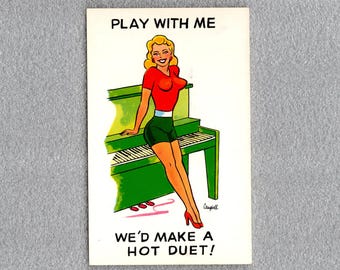 Vintage Plastichrome Postcard, Lady Wanting a Hot Duet on the Piano, Signed Campbell - 20221