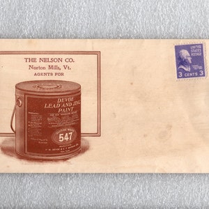 May include: An envelope with a vintage advertisement for Devoe Lead and Zinc Paint. The envelope has a 3-cent United States postage stamp with a portrait of George Washington.