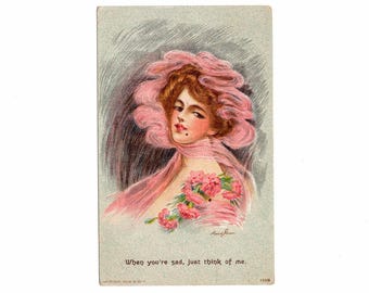 Antique Maude Stumm Signed Postcard, Pretty Woman in Pink with Carnations - 19833b