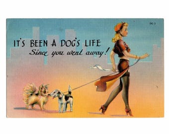 Vintage Linen Postcard, Lonely Lady, It's Been a Dog's Life Since You Went Away - 20084a