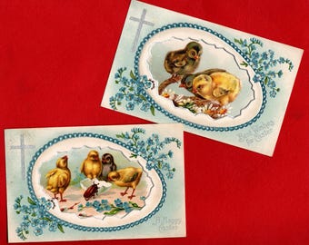 2 Antique Easter Postcards, Baby Chicks in a Cracked Egg, Beetle and Silver Cross - 19111d
