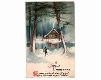 1924 Christmas Postcard, Ellen H. Clapsaddle, Mailman Delivering Package in Snow, Wolf Brothers - 19386a