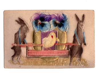 Antique Heavily Embossed Easter Postcard, Anthropomorphic Rabbits Carrying a Chick in a Golden Egg - 19124d