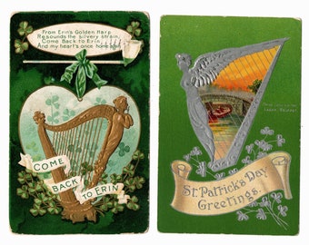 2 Vintage St. Patrick's Day Postcards, Erin's Gold Harp, Silver Harp, River Lagan in Belfast, Ireland - 17312c