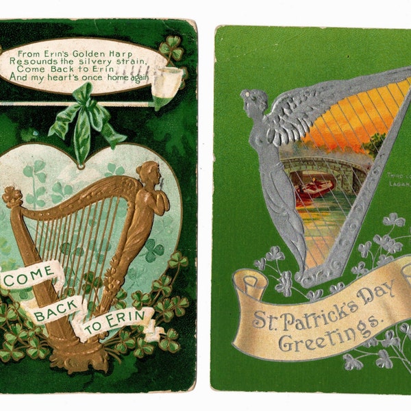 2 Vintage St. Patrick's Day Postcards, Erin's Gold Harp, Silver Harp, River Lagan in Belfast, Ireland - 17312c