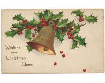 Antique Artist Signed Ellen H. Clapsaddle Christmas Postcard, Gold Bell with Holly Berries, Used IAPC, Hand Cancel - 16650e