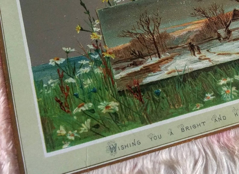 12280Pd Hildesheimer /& Faulkner Chromolithograph 2 Sided Antique Pink Silk Fringe Hanging Christmas Card