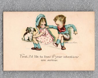 Antique Young Romance Postcard, Girl and Boy with Dog, Ruth Welch Sivers Signed - 19858Pa