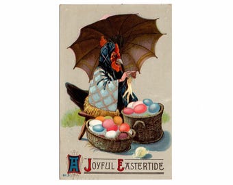 Antique Anthropomorphic Easter Postcard, Dressed Chicken with Human Hands Knitting Socks, Colored Eggs- 19957a