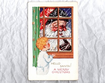 Vintage Christmas Postcard, Santa Claus Peeking in a Window at a Little Boy - 19503Pc