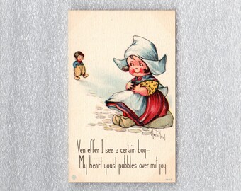 Antique Girl Waiting For Boy Postcard, Charles Twelvetrees, Artist Signed, Samuel Bergman, Looking for Love - 17752g