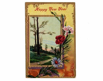 Antique New Year Postcard, Carnations and Daisies with Picture in a Gold Frame, Unused - 19727Pb