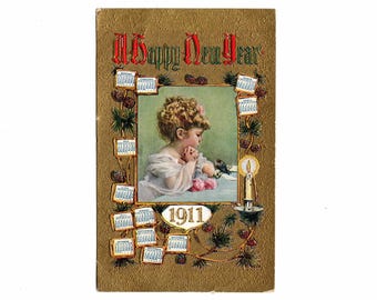 Antique 1911 Happy New Year Postcard, Girl with Bird and Calendar, Chicago Postmark - 18913e