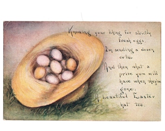 Antique 1911 Easter Postcard for Someone Who Likes Fresh Eggs, A Dozen in a Hat - 19121c