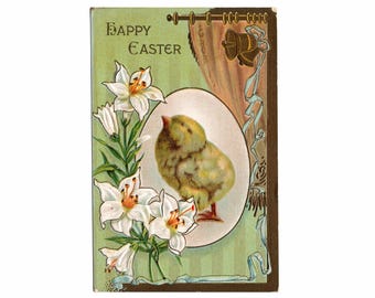 Antique Easter Postcard, Baby Chick with Lilies and Gold Bells - 19959a