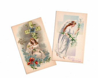 2 Antique Easter Postcards, Angels with Flowers, Unused, Lilies, Poppies, Forget me Nots - 19102Pd