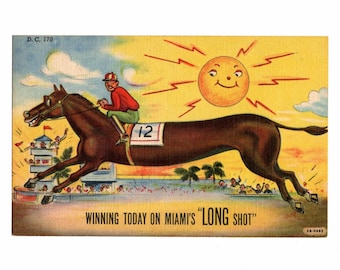 Vintage Miami, Florida Linen Postcard, Winning at the Horse Race, Long Shot Anthropomorphic Sun - 20082a