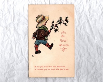 Antique 1911 Christmas and New Year Postcard, Child with Holly Branch, Used IAPC - 19618b