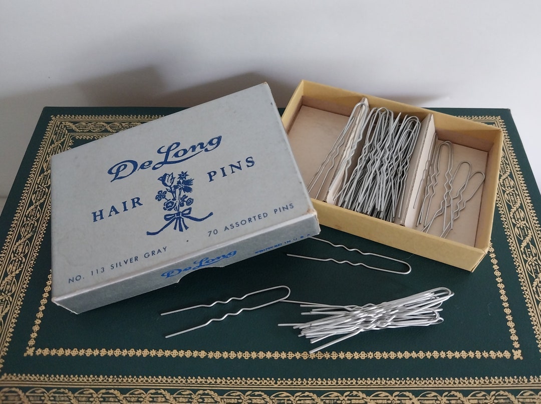 Vintage Box Of 62 Delong Hair Pins Silver Gray Assorted Sizes Vintage Box Of 62 Delong Hair Pins Silver Gray Assorted Sizes