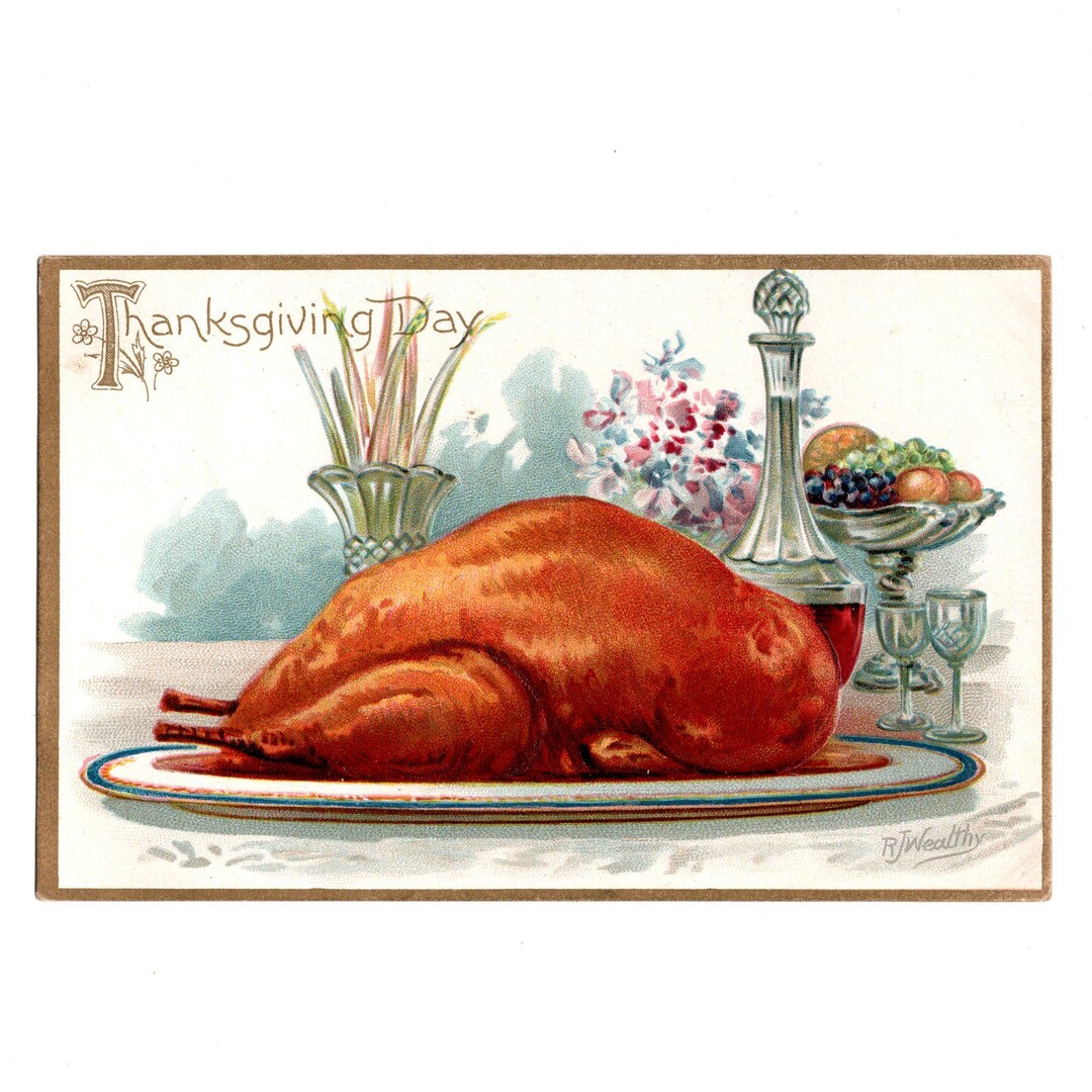 Antique Thanksgiving Postcard, Turkey on Platter With Fancy Glassware ...