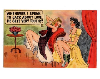 Vintage Linen Comic Postcard, Ladies in Lingerie Talking About Touchy Jack- 20233a