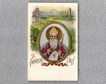 Saint Patrick, Patron Saint of Ireland Postcard, Celtic Cross, Castle Tower, St. Patrick's Day - 18540