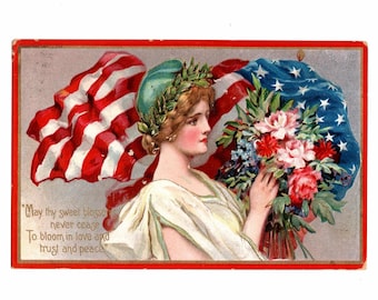 1910 Antique US Patriotic Postcard, Frances Brundage, Lady Liberty, Flag and Flowers - 20134P