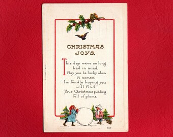Antique Christmas Joys Postcard, Children with Huge Snowball with Birds Above - 19734b