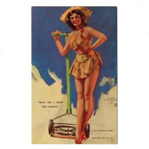Artist Signed Zoe Mozert Pin Up Girl, Pretty Lawn Care Lady, Old Green Reel Mower, Mutoscope Card - 16570h