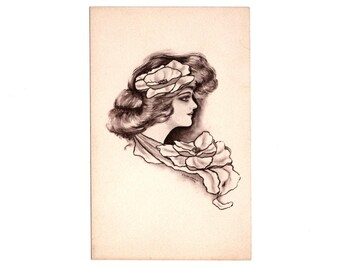Antique Pretty Lady with Poppies Postcard, Artist Signed Cobb Shinn, Unused - 20091a