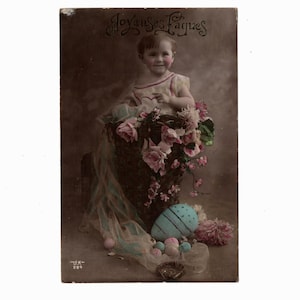 Antique French Easter Postcard, Child in a Basket with Flowers and Eggs, Hand Colored - 19084b
