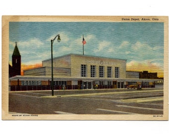 Vintage 1950's Akron, Ohio Postcard, Union Depot. Linen Texture, Unused Stivas Studio - 18404