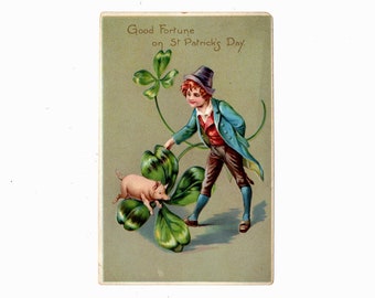 Antique Frances Brundage St. Patrick's Day Postcard, Pig Jumping Over the Clover with Boy, Embossed Raphael Tuck - 18538