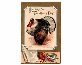 1910 Artist Signed Ellen H. Clapsaddle Thanksgiving Postcard, Turkey with Blue Teacup - 19279c