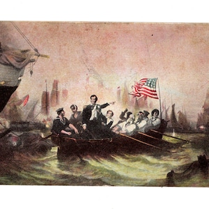 May include: A vintage postcard depicting a group of men in a boat, with an American flag waving in the background. The men are dressed in period clothing and appear to be celebrating a victory. The scene is set on a body of water with other ships in the distance.