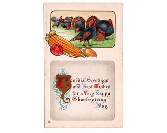 Antique Thanksgiving Postcard, Flock of Turkeys, Ear of Corn, Illuminated Letter - 19519b