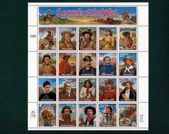 Legends of the West Sheet of 20 Unused US Postage Stamps, 29 Cents Each, 1994 Issue, Wyatt Earp, Annie Oakley - 20508