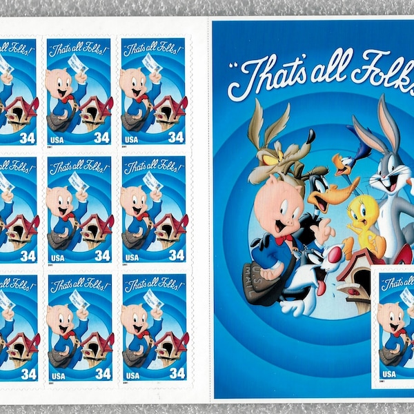 Mint Sheet of 10 Porky Pig Postage Stamps, 34 Cents Each, Looney Tunes Cartoon Character, That's All Folks - 14773a