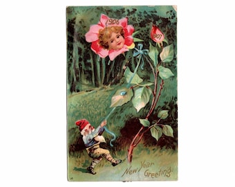 Antique 1906 Fantasy New Year Postcard, Elf Gnome with Flower Face Rose, IAPC - 20288