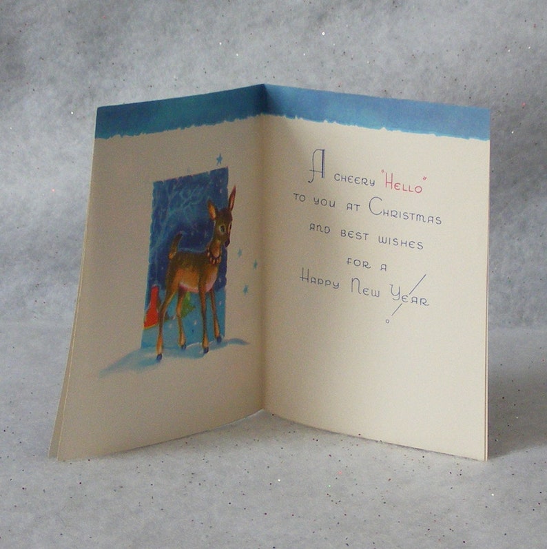 Blue Stars Illustrated Inside Vintage Christmas Card with Santa Claus and Reindeer Unused 10666g
