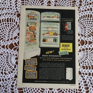 Vintage Green 1953 Bendix Freezer Refrigerator Magazine Ad, Full Page Kitchen Color Advertisement, Blenback Oil Cloth on Reverse - 16345i