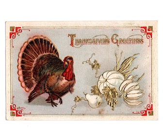 Antique Thanksgiving Postcard, Turkey with Pumpkin and Fruit, Paul Sander, Gold Gilt Trim - 19459b